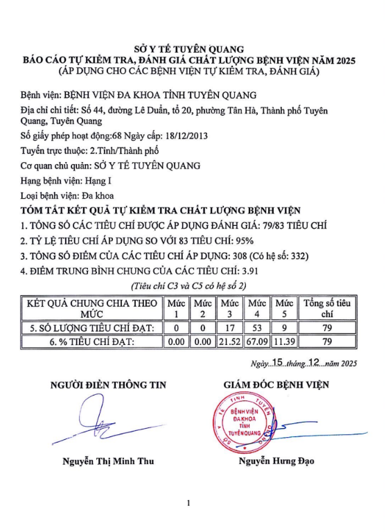 Báo cáo tự kiểm tra, đánh giá chất lượng Bệnh viện năm 2025