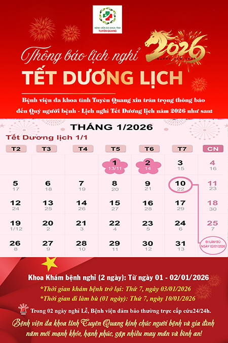 Thông báo lịch nghỉ khám bệnh Tết Dương Lịch năm 2026