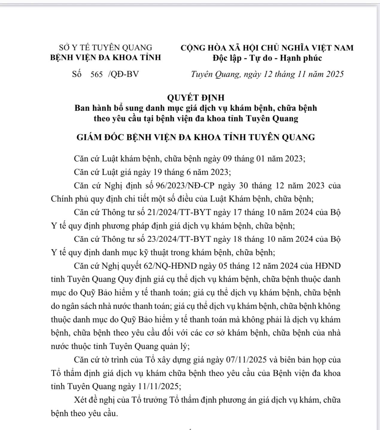 GIÁ DỊCH VỤ KHÁM BỆNH THEO YÊU CẦU NĂM 2026